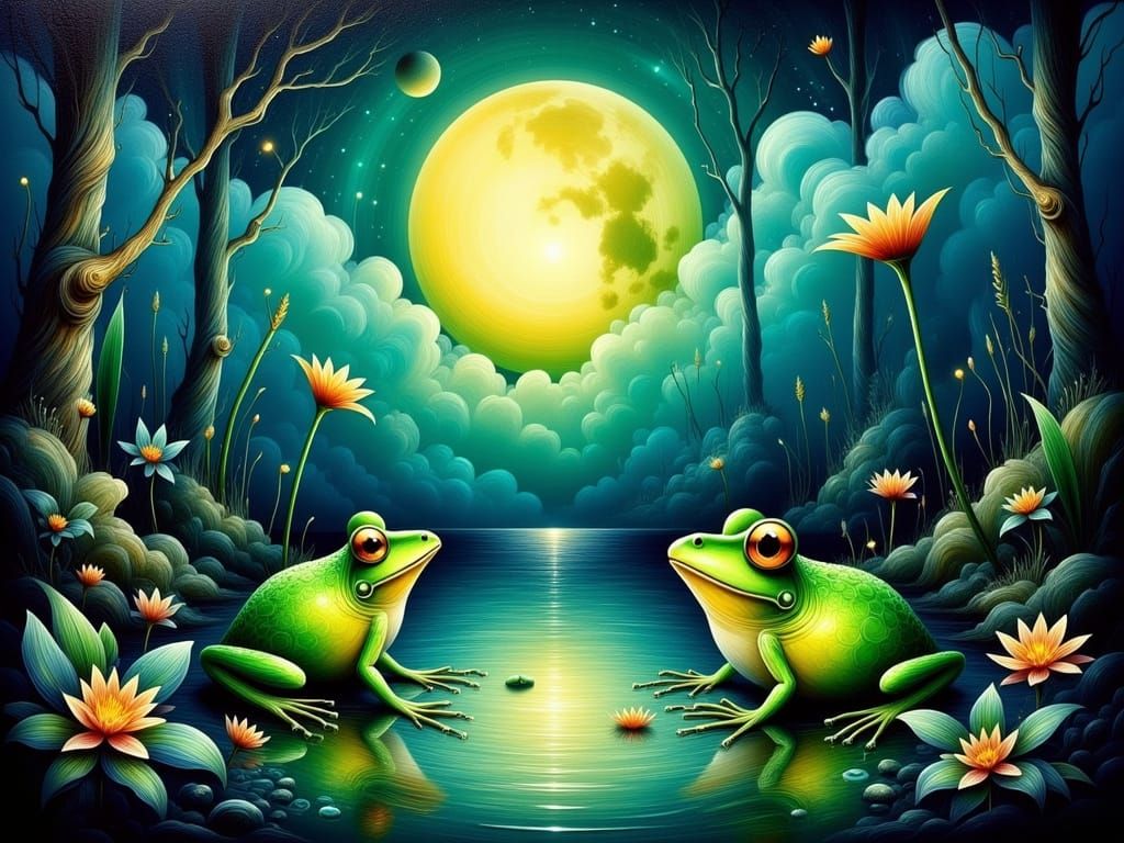 Neon Frogs in Moonlit Lake: Oil Painting