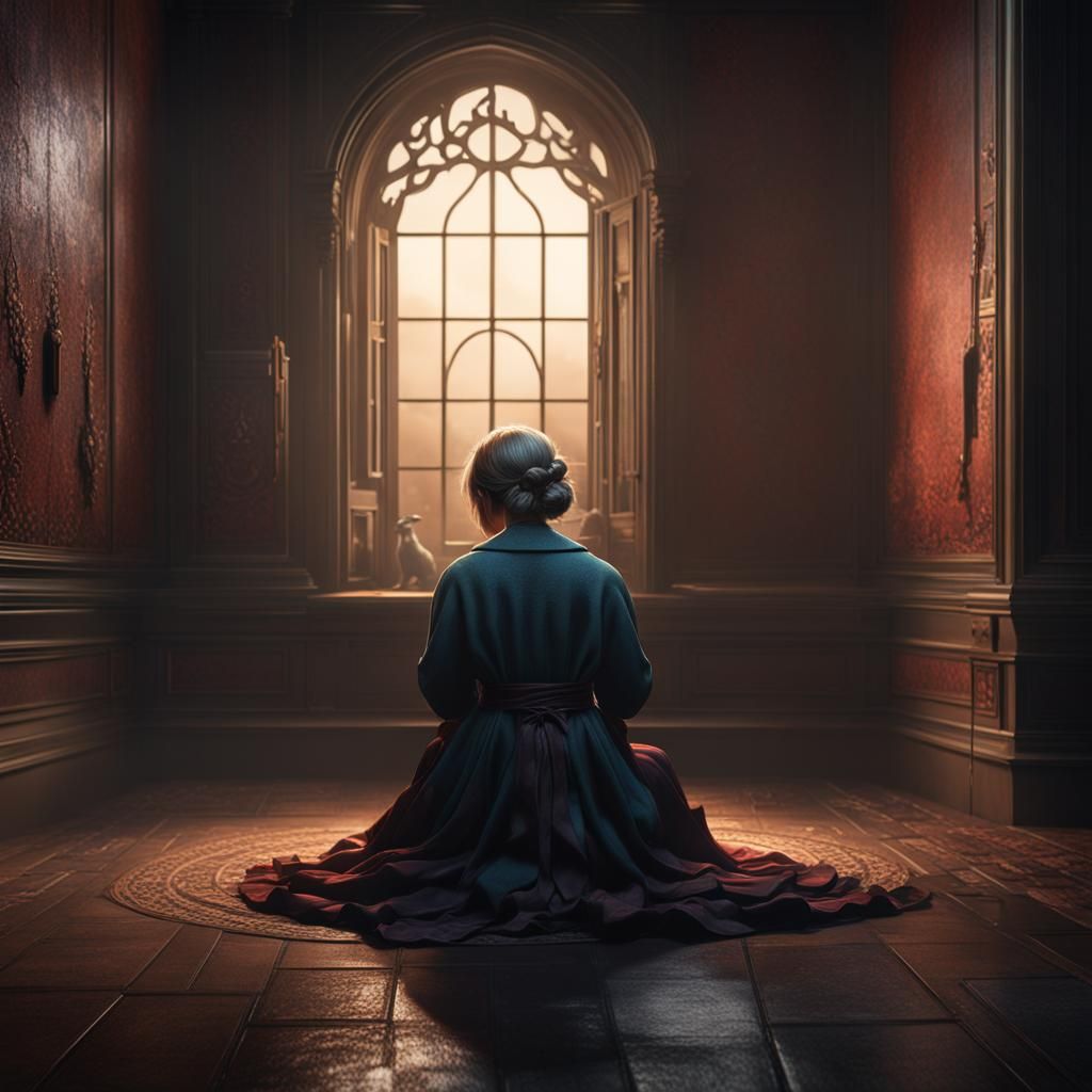 Lonely Woman Crying in Dark Room: Fantasy Concept Art