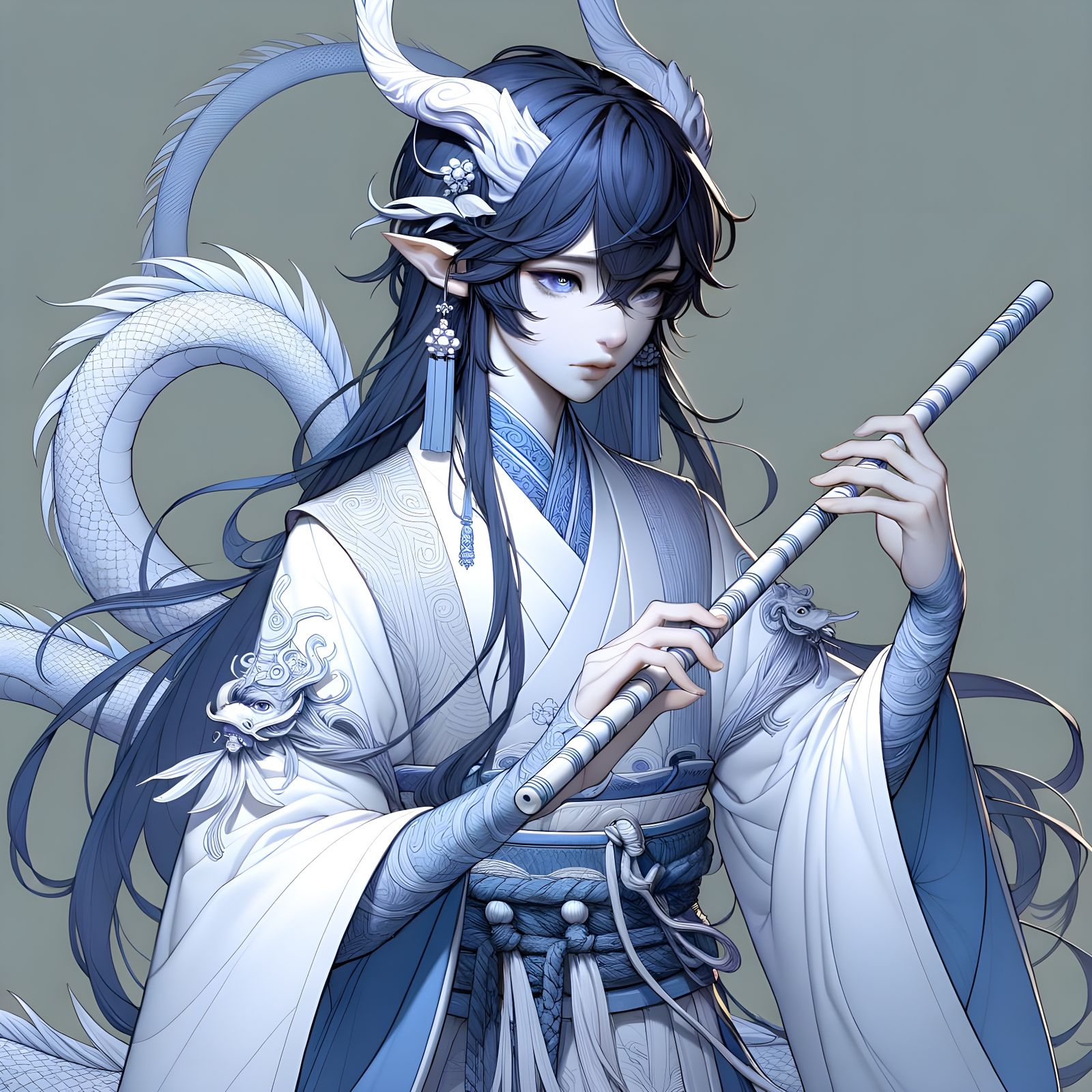Fantasy Dragon-Humanoid Teenager Plays Flute in Matte Painti...