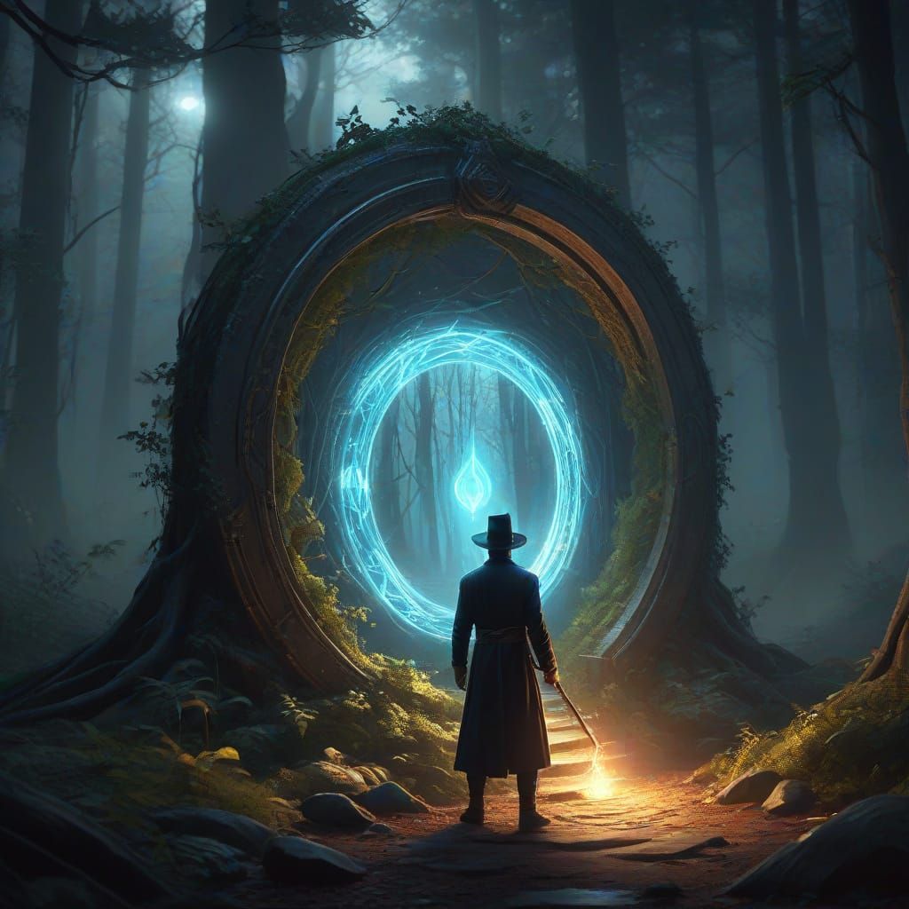 Magician Enters Glowing Forest Portal in Digital Painting