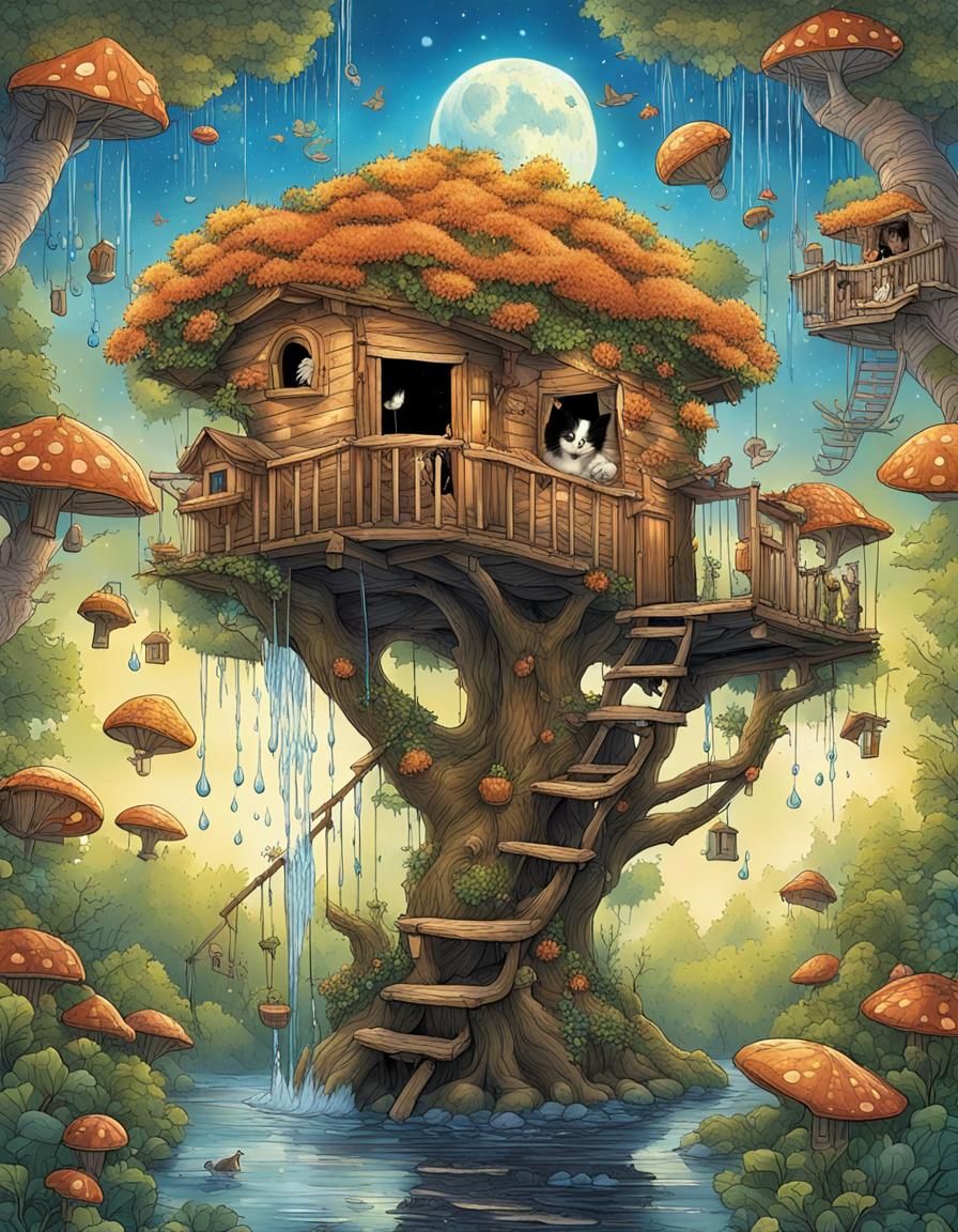 Cat Leaps from Treehouse in Enchanting Illustration