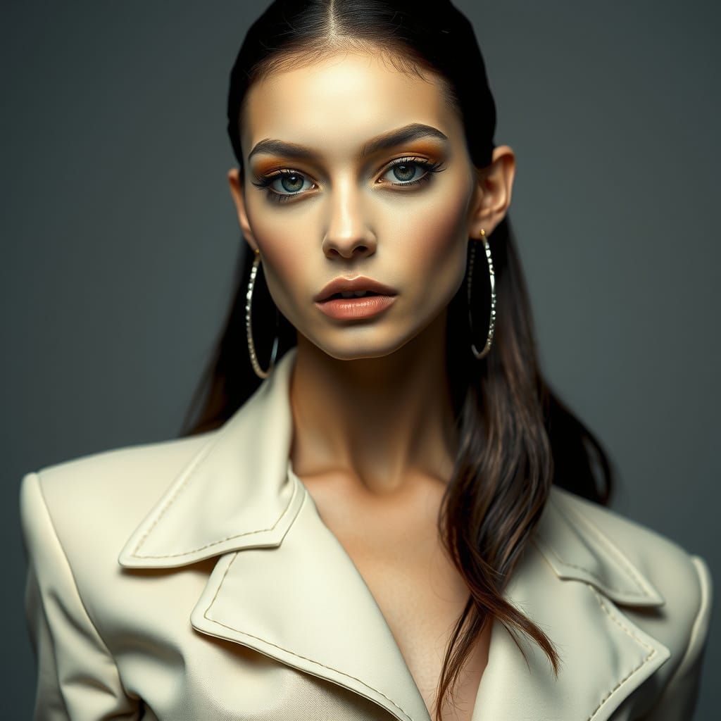 Modern woman beauty standards of 2027, with extensive plastic surgery accentuating the cheekbones, cutting the nose down...