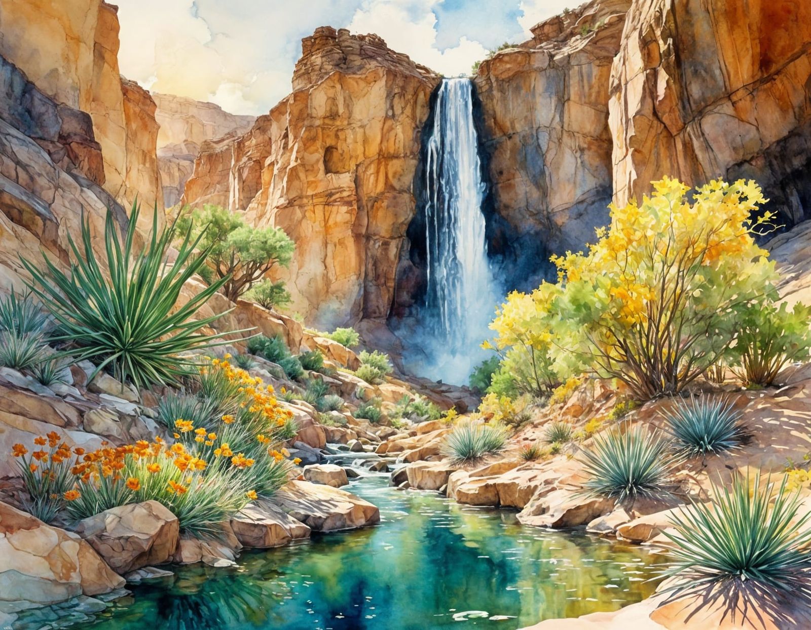 Oasis in a Desert Canyon: Watercolor Painting