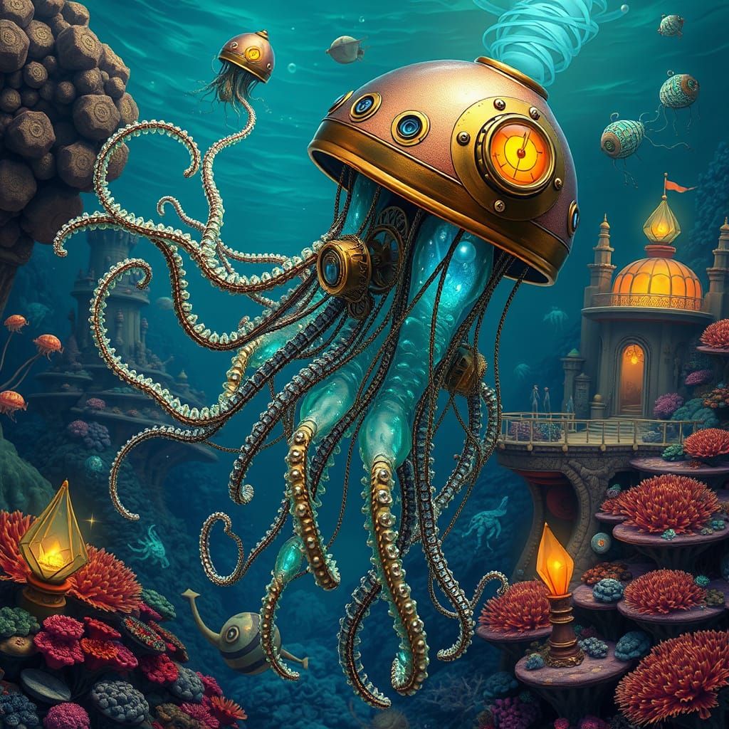 Steampunk Jellyfish Floating in Solarpunk Ocean