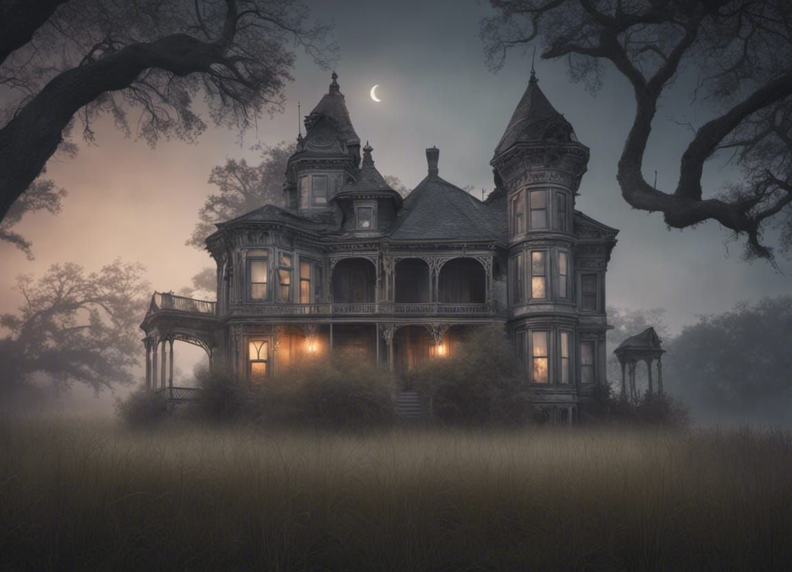 Derelict Victorian House Under Crescent Moon