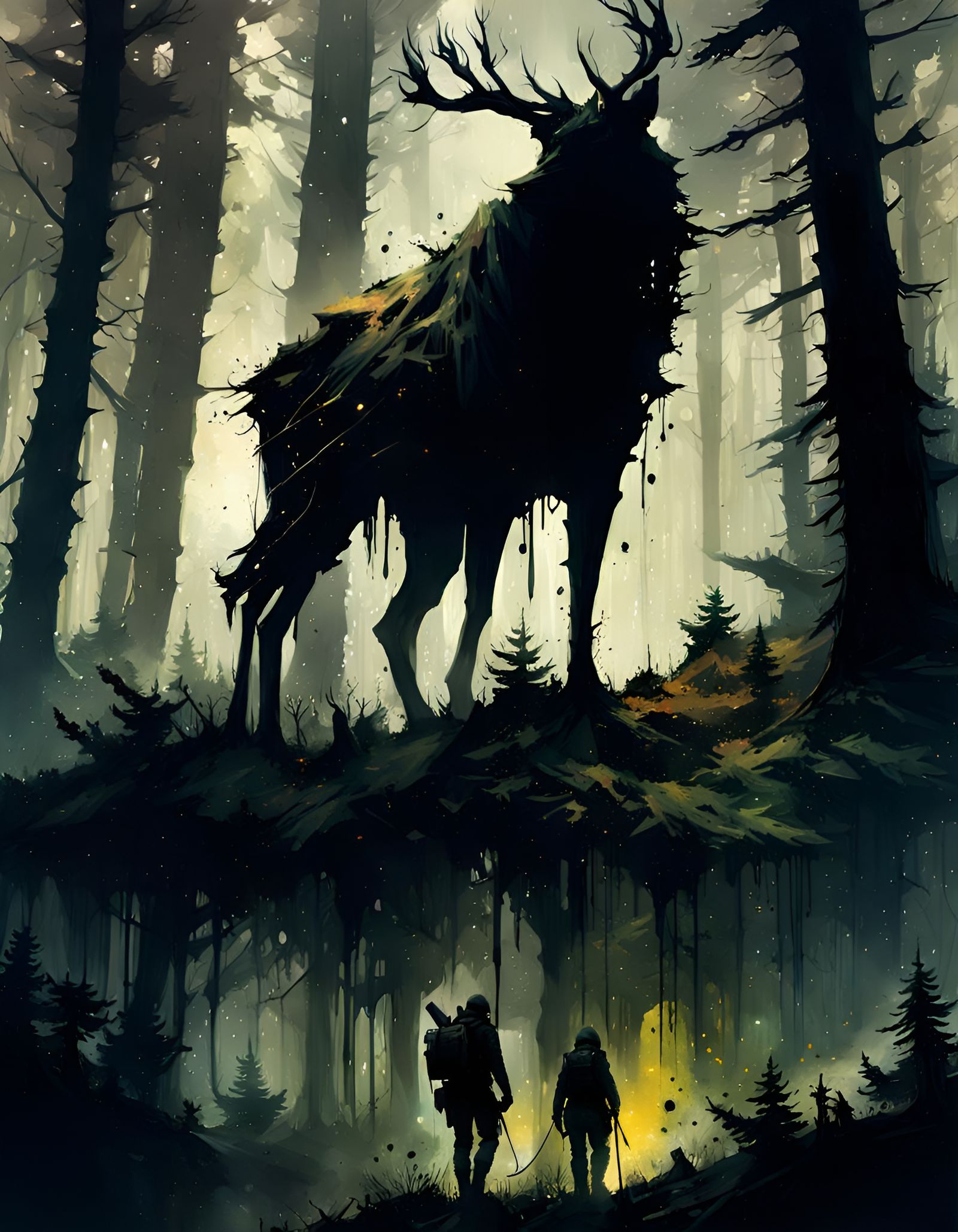 Ink Splatter Forest Silhouette in Space