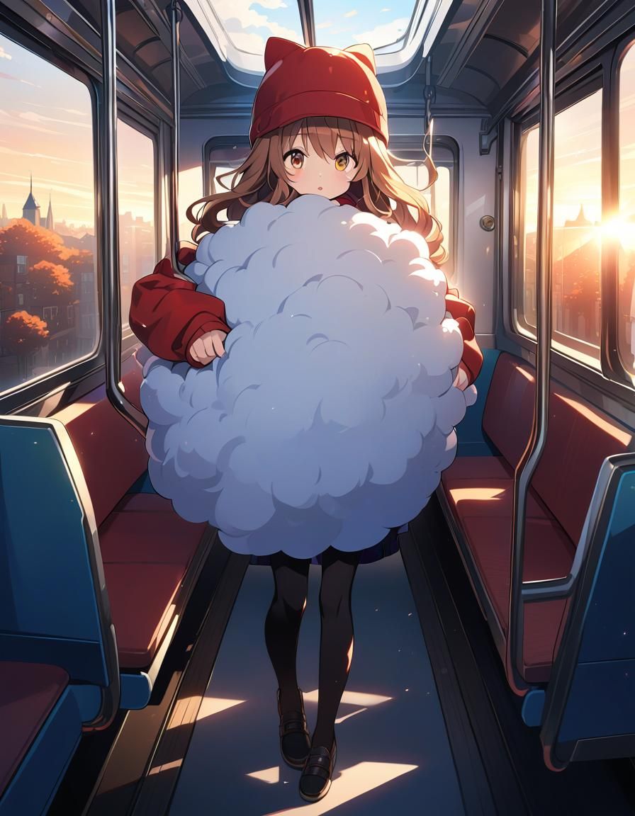 Anime Girl in Red Hoodie on Train at Sunset