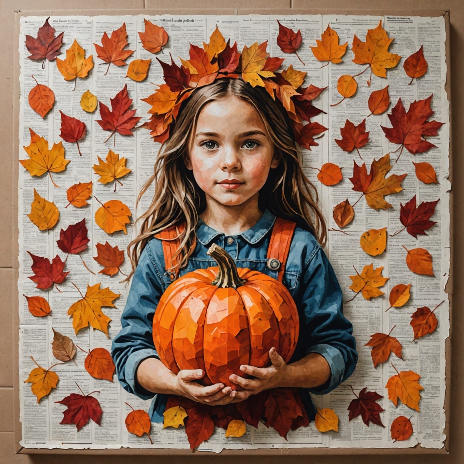 Autumn Leaf Collage of Girl with Pumpkin