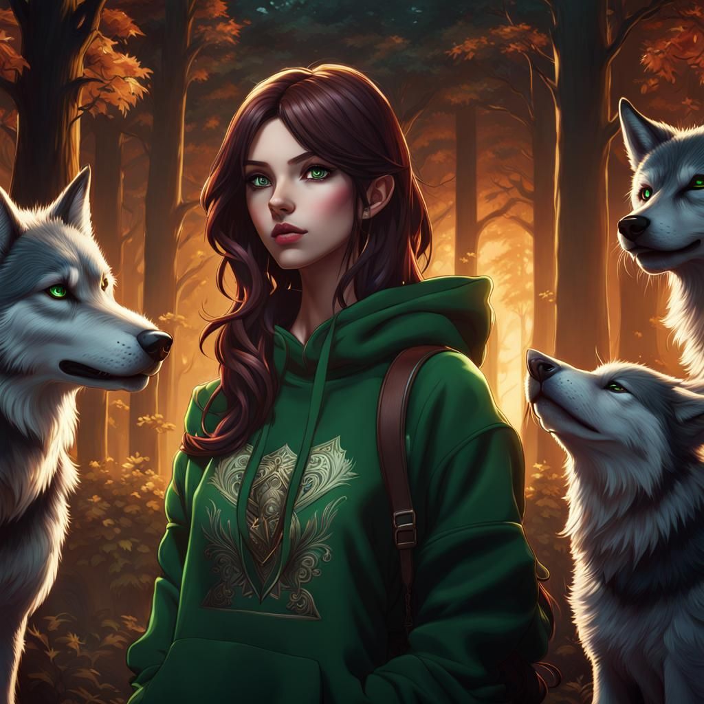 Anime Girl with Wolves, Detailed Digital Art