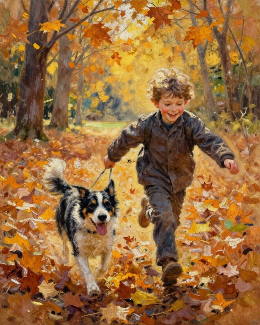 Joyful Child and Dog in Autumn Sunset Glow