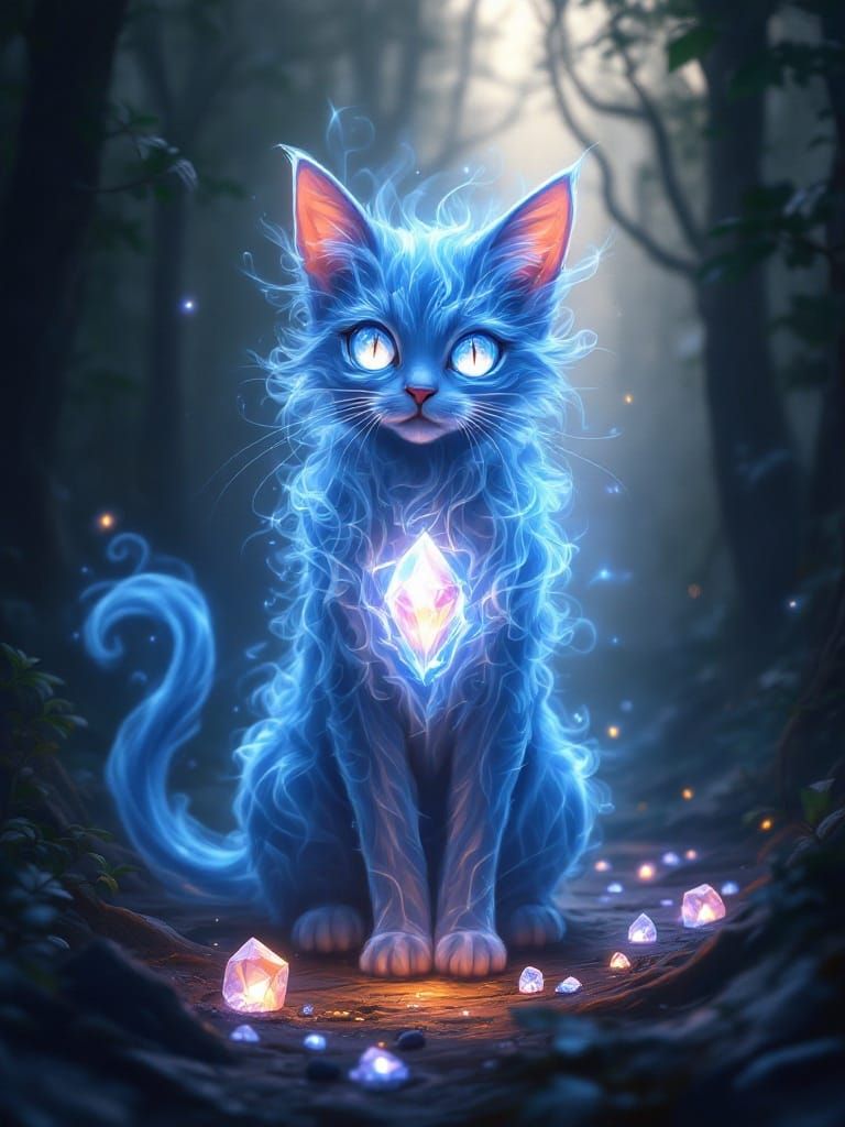 Ethereal Feline Amidst Glowing Mystical Forest