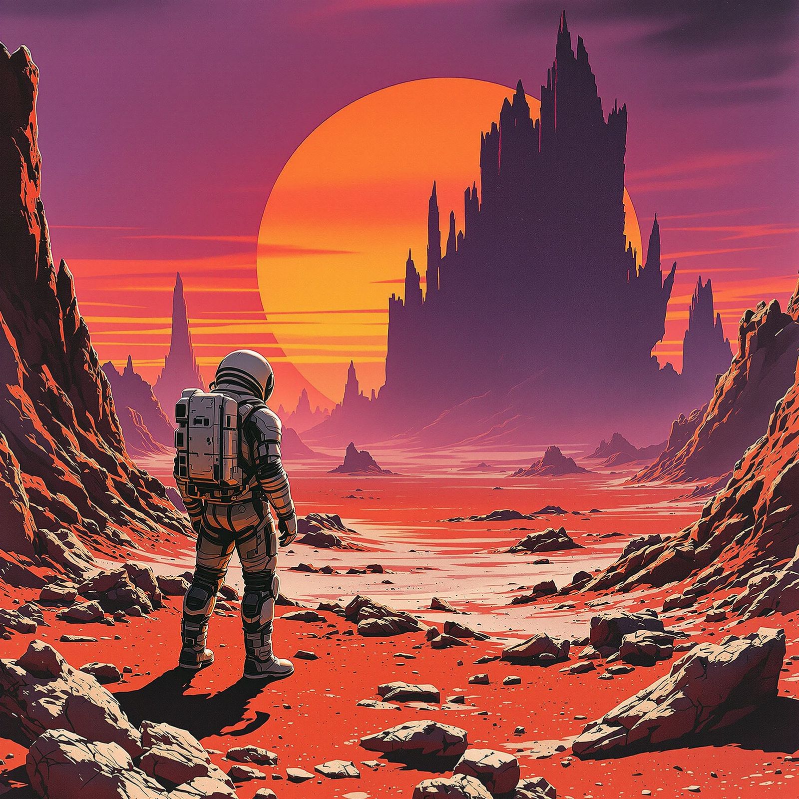 Astronaut Gazes at Binary Sunset on Alien Planet