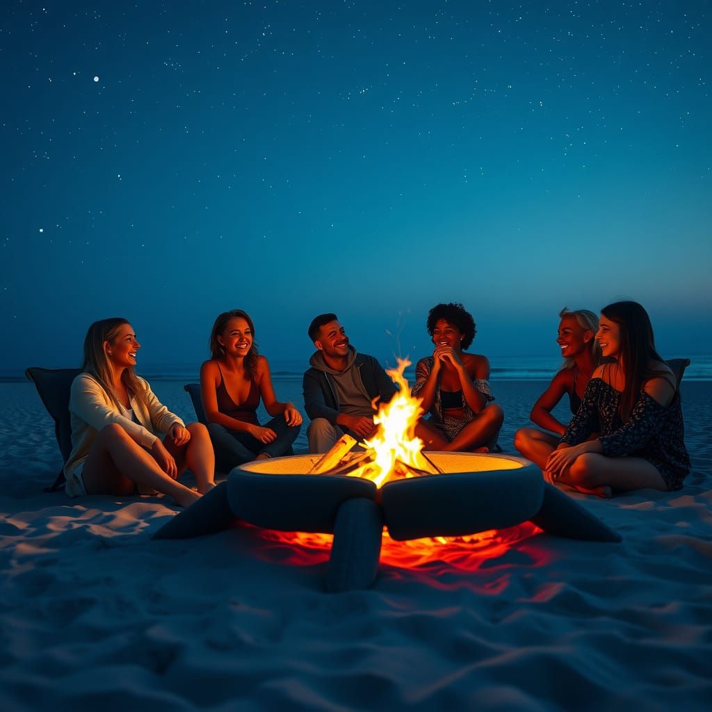 Cozy Bonfire on Beach in Early 2000s Style