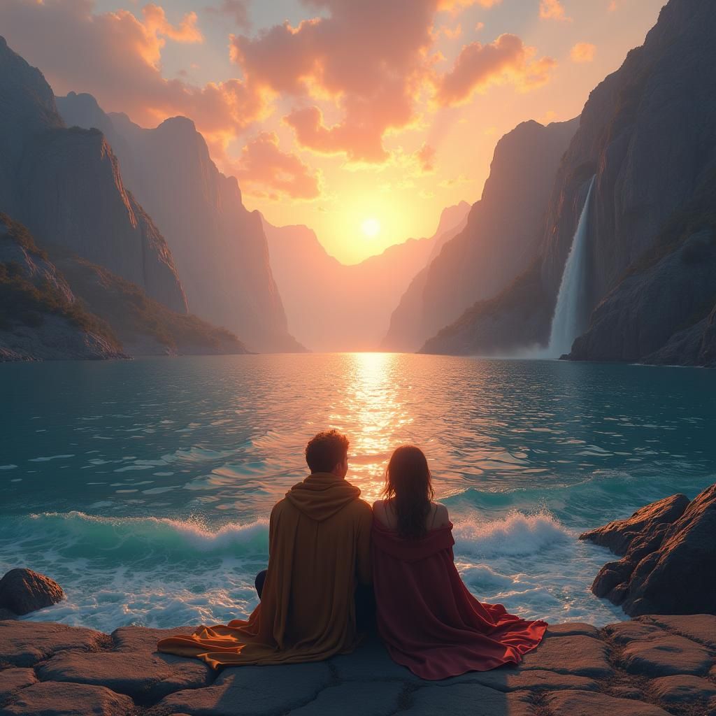Couple Watches Sunrise Over Ocean Waterfall: Matte Painting
