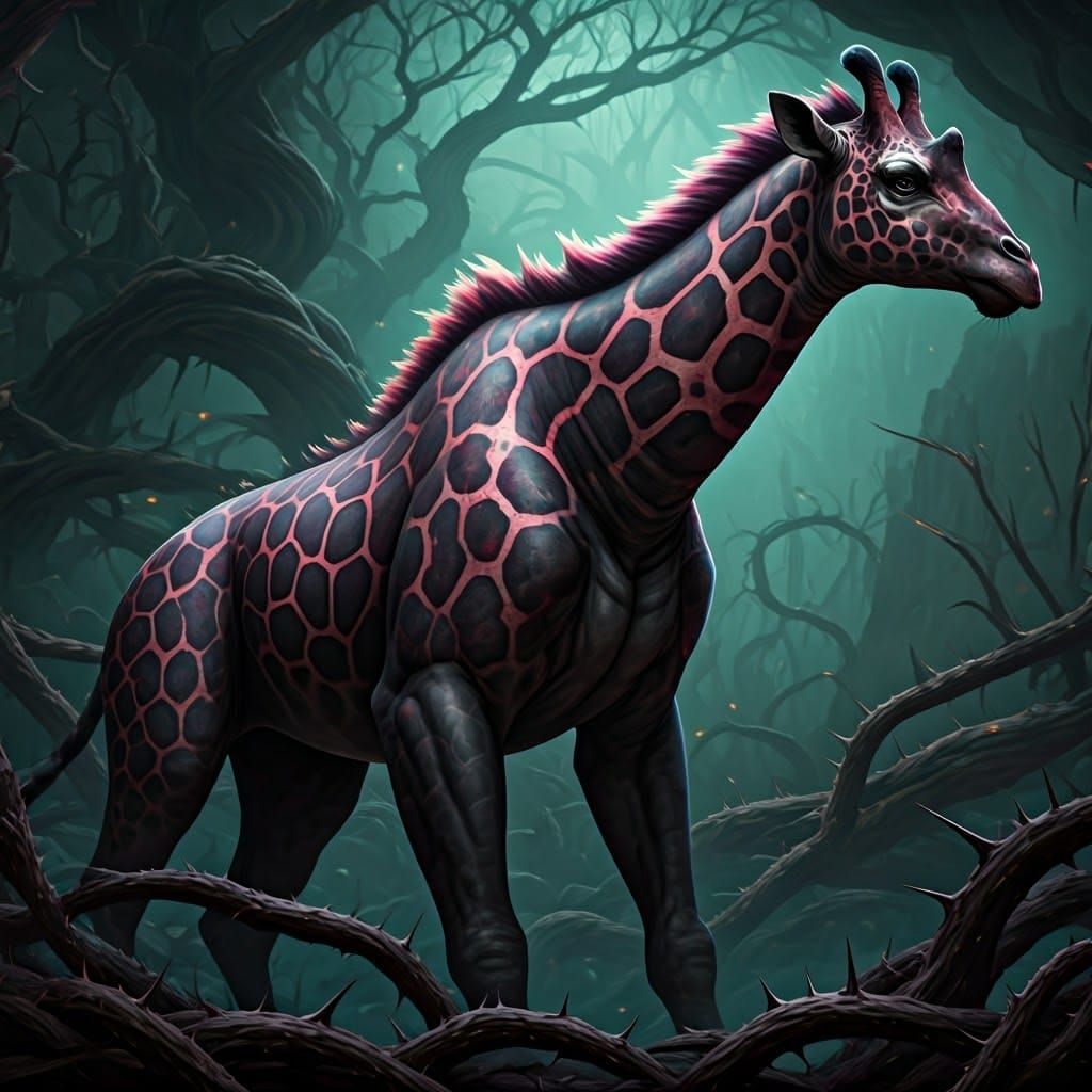 Giraffe-Tiger Monster in Mystical Landscape, Matte Painting