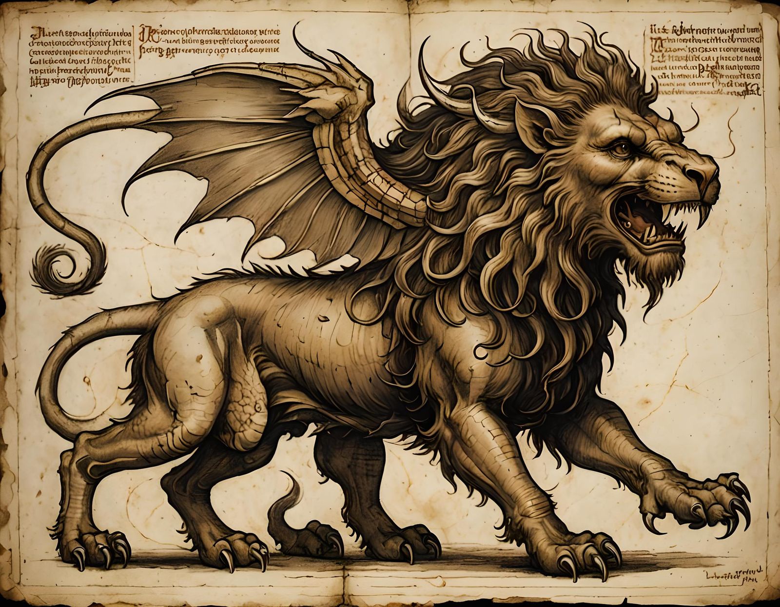Manticore in Da Vinci Style Bestiary Entry