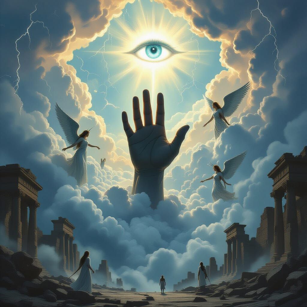 Celestial Hand Amidst Storm and Ancient Ruins