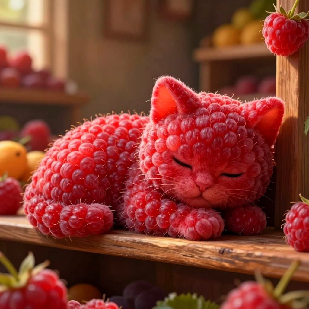 Whimsical Raspberry Kitten Rests in Fruit Shop
