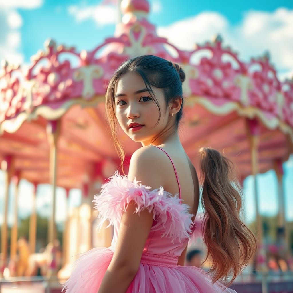 Girl in Pink Dress at Carousel: Dreamy Photography