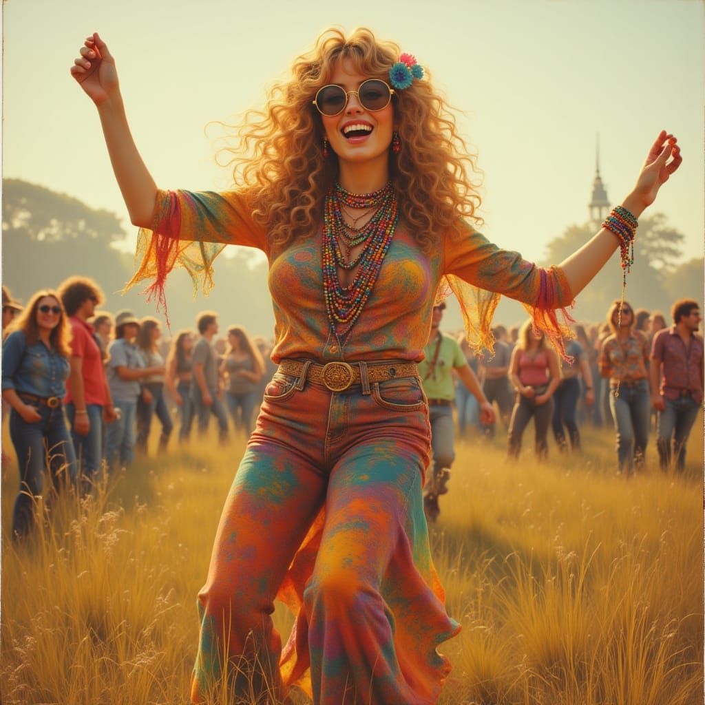 <lora:Polly:1.0> Hippy girl Dancing at Woodstock