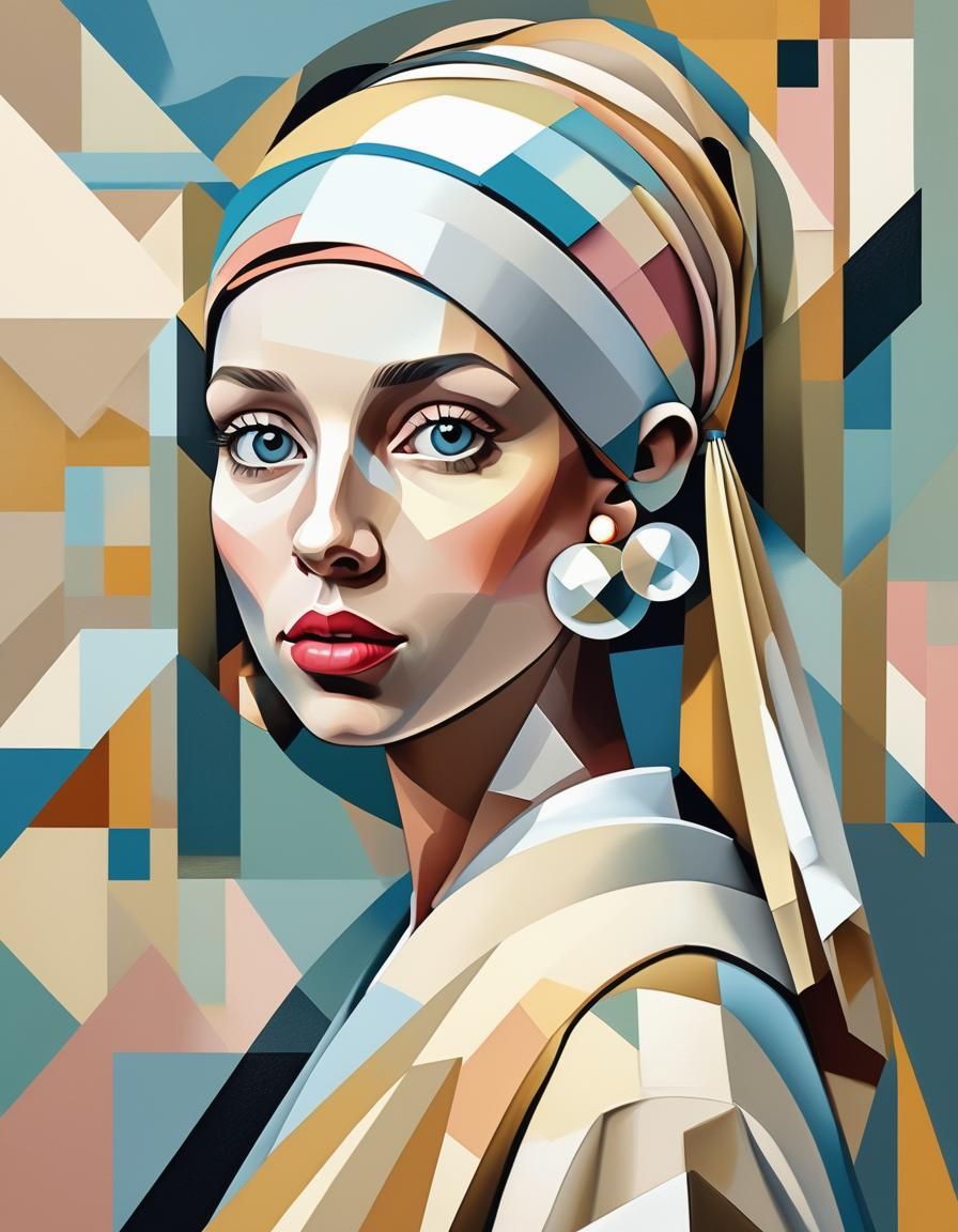 Cubist Girl with a Pearl Earring in Pastel Shades
