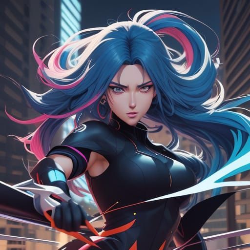 Manga Woman on Rooftop in Vibrant Cel-Shading Style