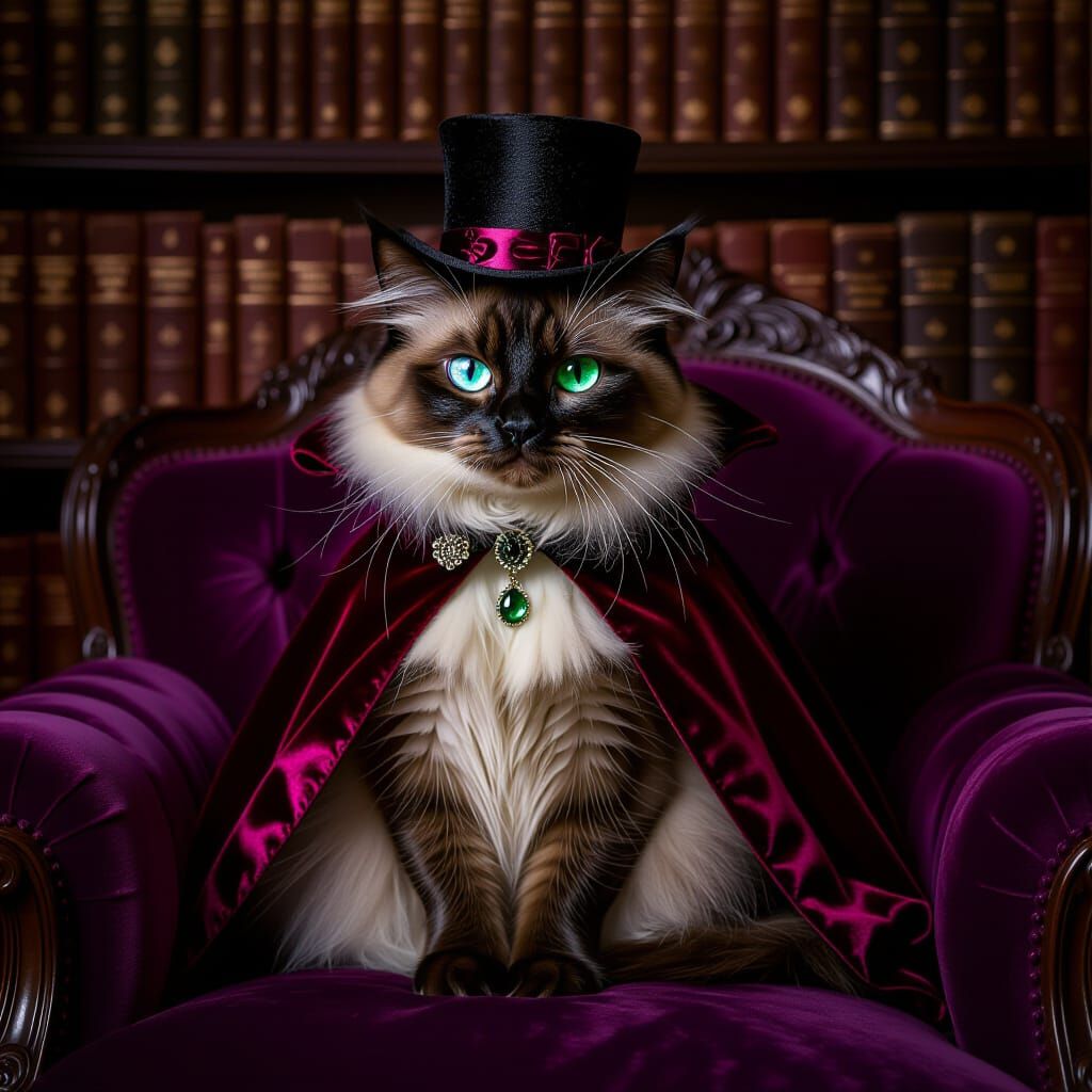 Regal Siamese Cat Vampire on Velvet Cushion