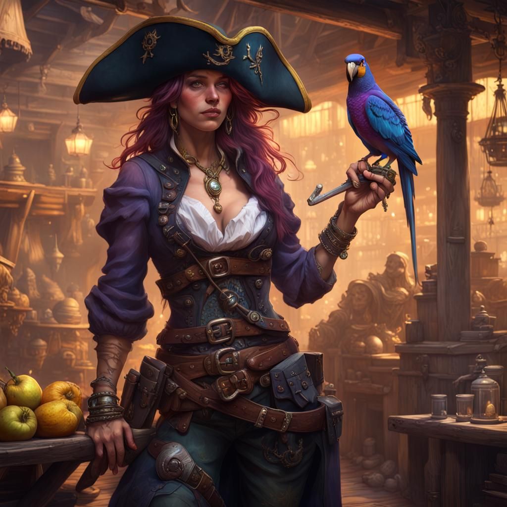 Pirate with Parrot at Star Market: Dark Fantasy Art