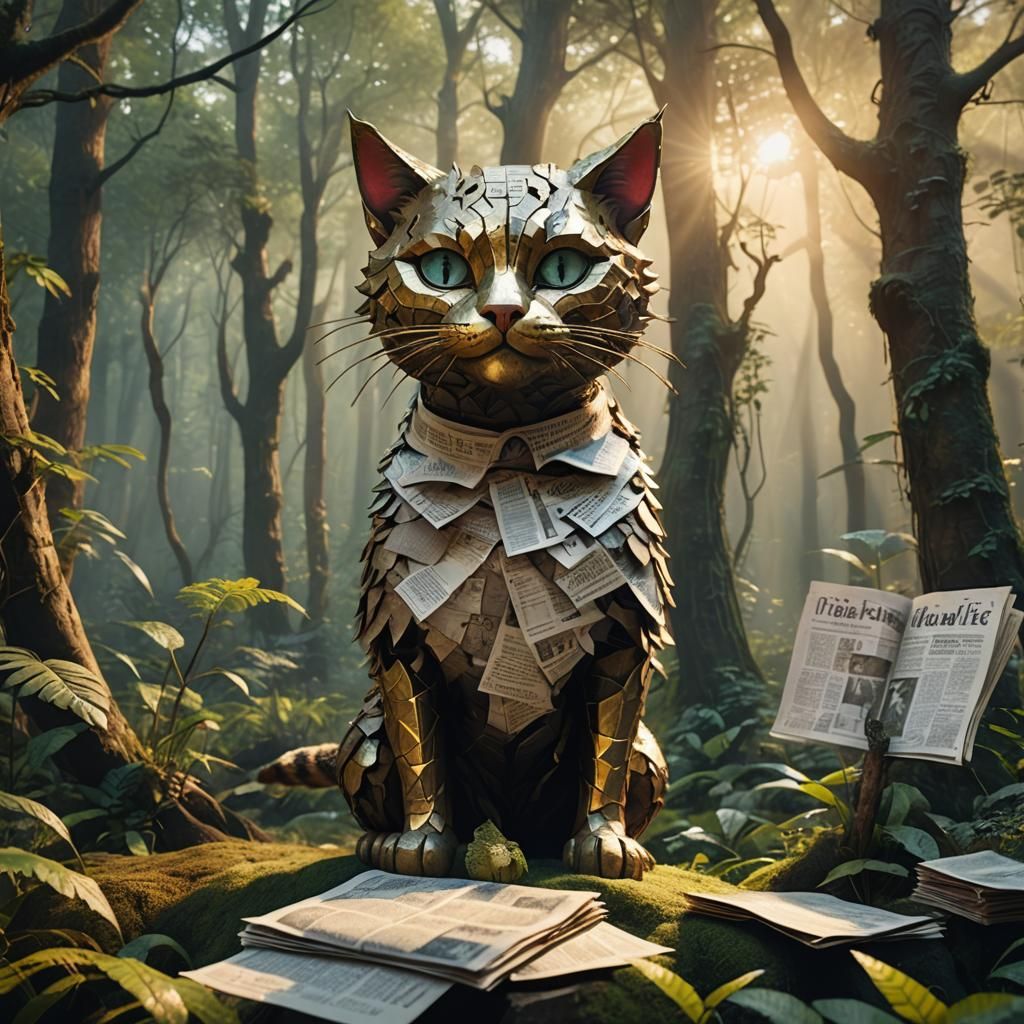 Cat in Newspaper Mask in Mystical Forest