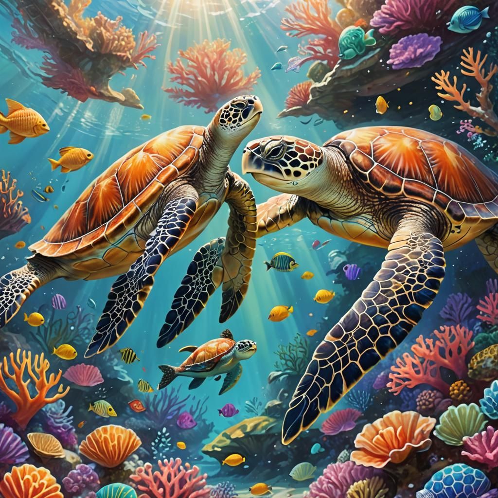 Serene Sea Turtle with Mermaid: Fantasy Splash Art