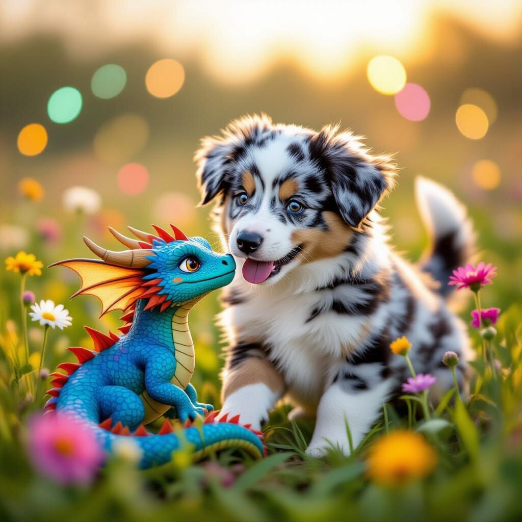 Fluffy Puppy Plays with Blue Dragon in Wildflower Field