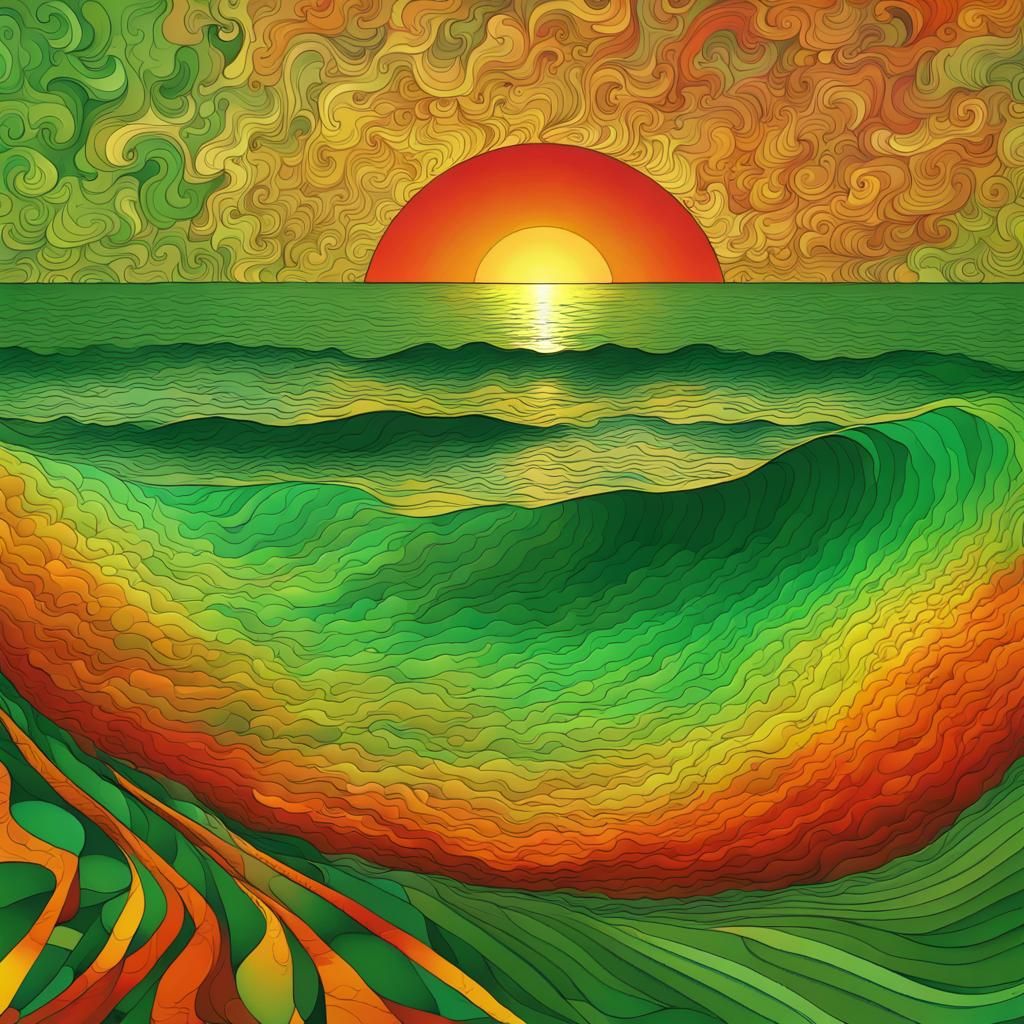 Green Sea Divers at Sunrise: Abstract Vector Fractal