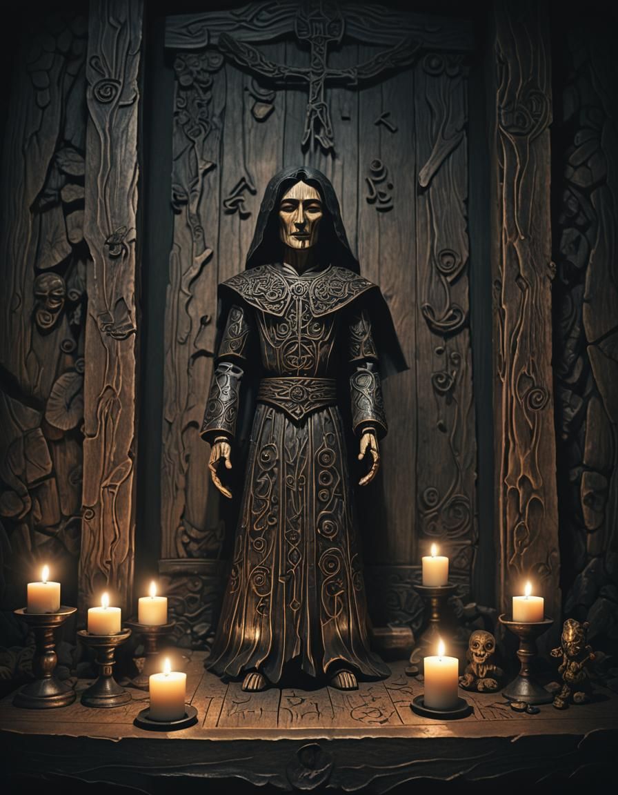 Wooden Doll on Altar in Dark Fantasy Style