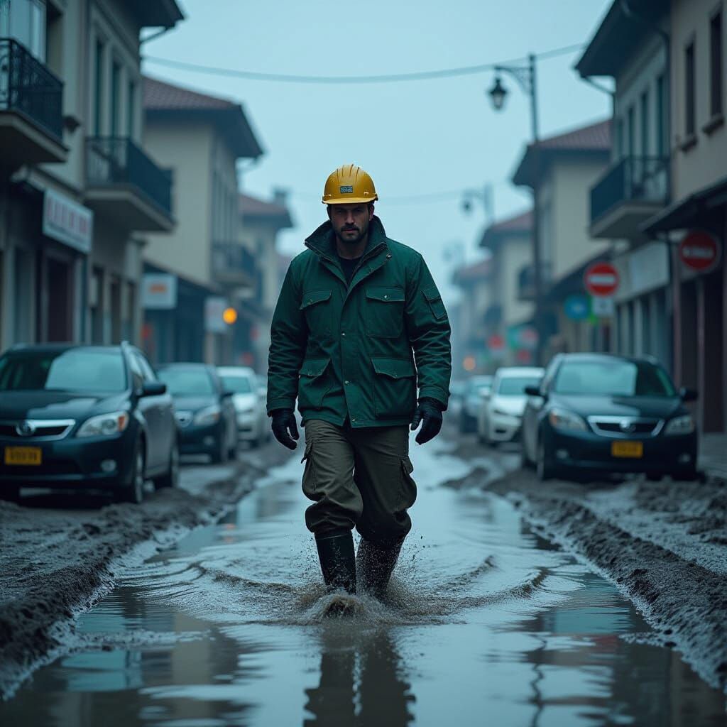 Geologist Navigates Flooded City Street in Disaster Film Sty...