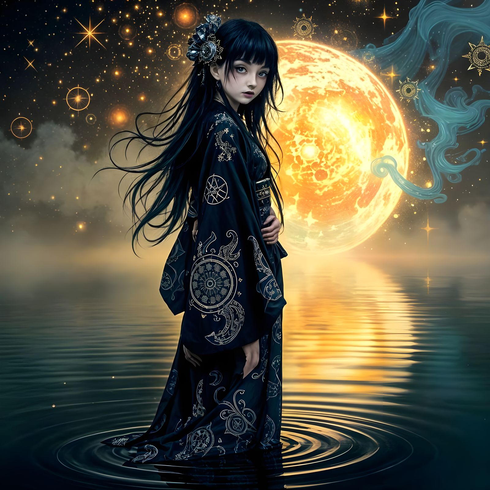 Mystical Gothic Girl in Midnight Attire with Astronomical Si...