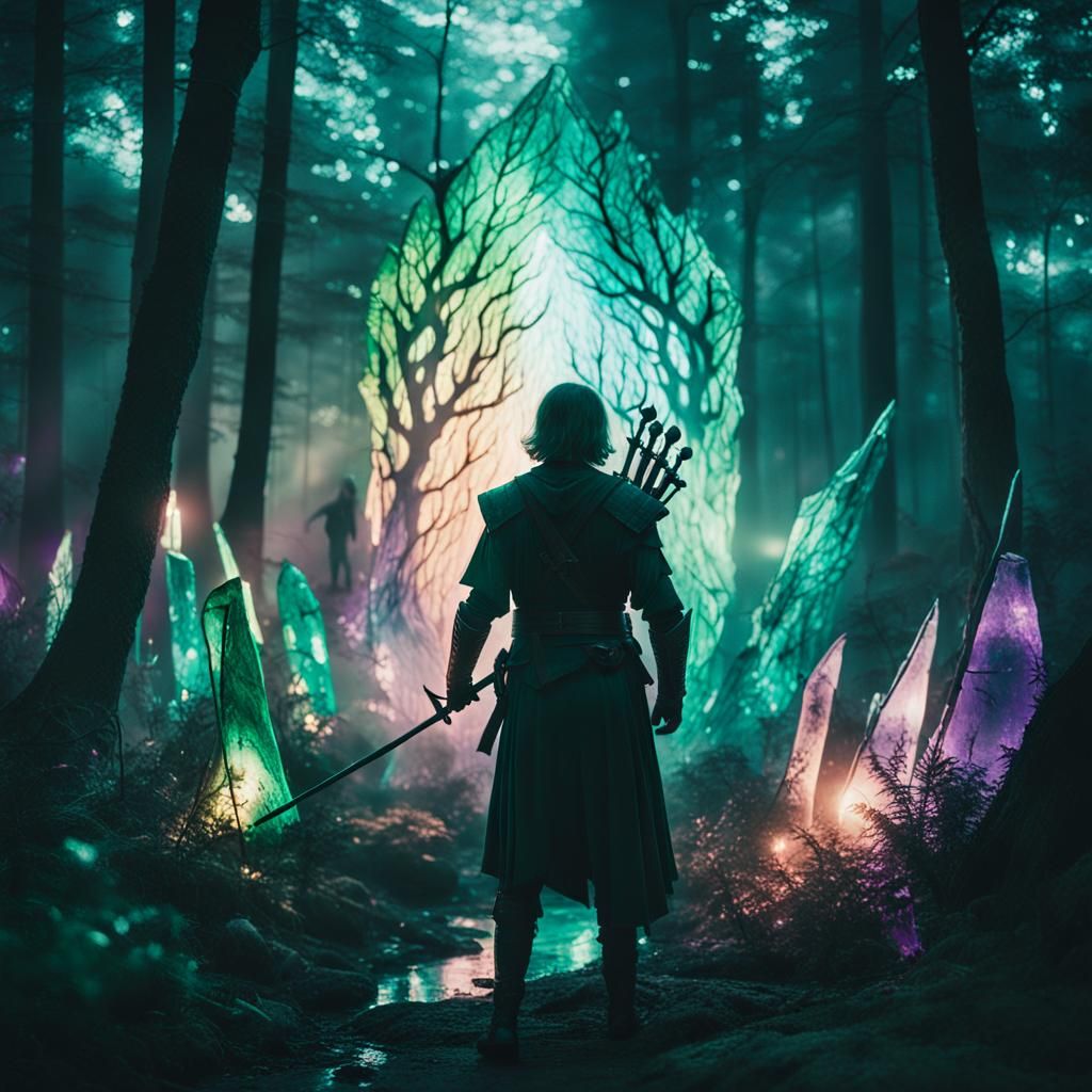 Warrior in Mystical Forest: Film Noir Glass Art