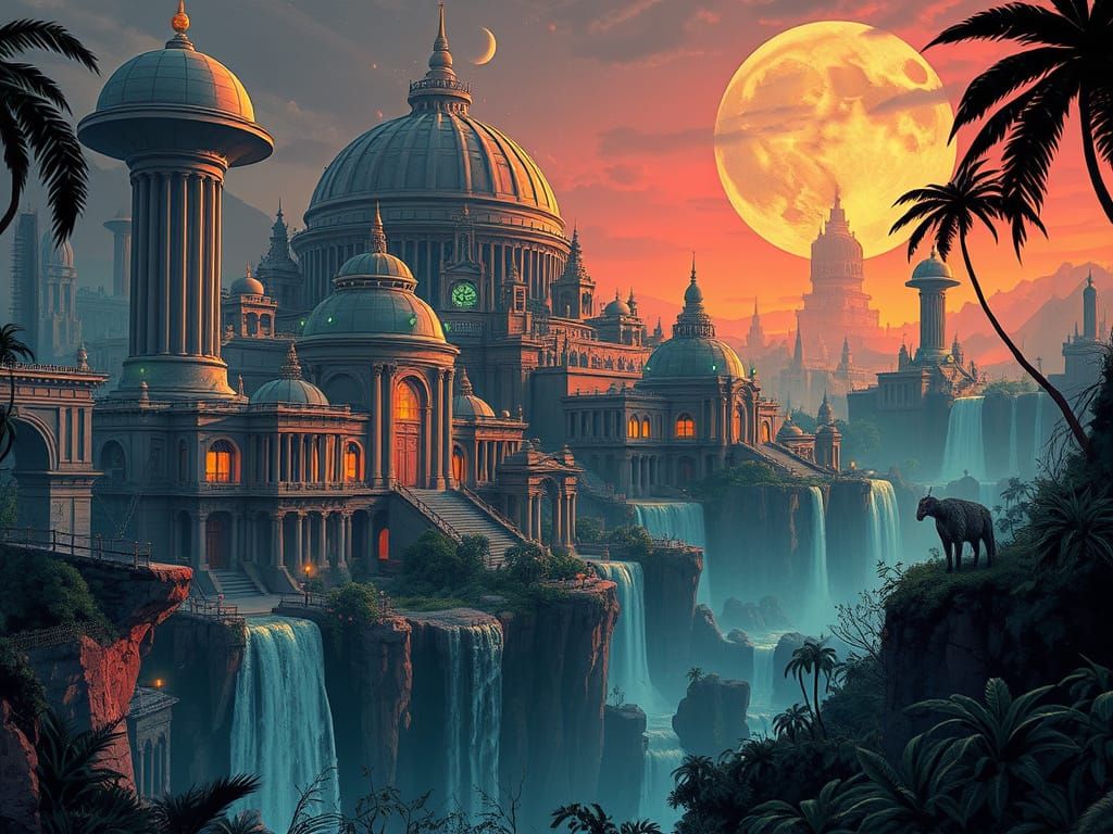 Cyberpunk Metropolis in Alien Jungle Planet Landscape