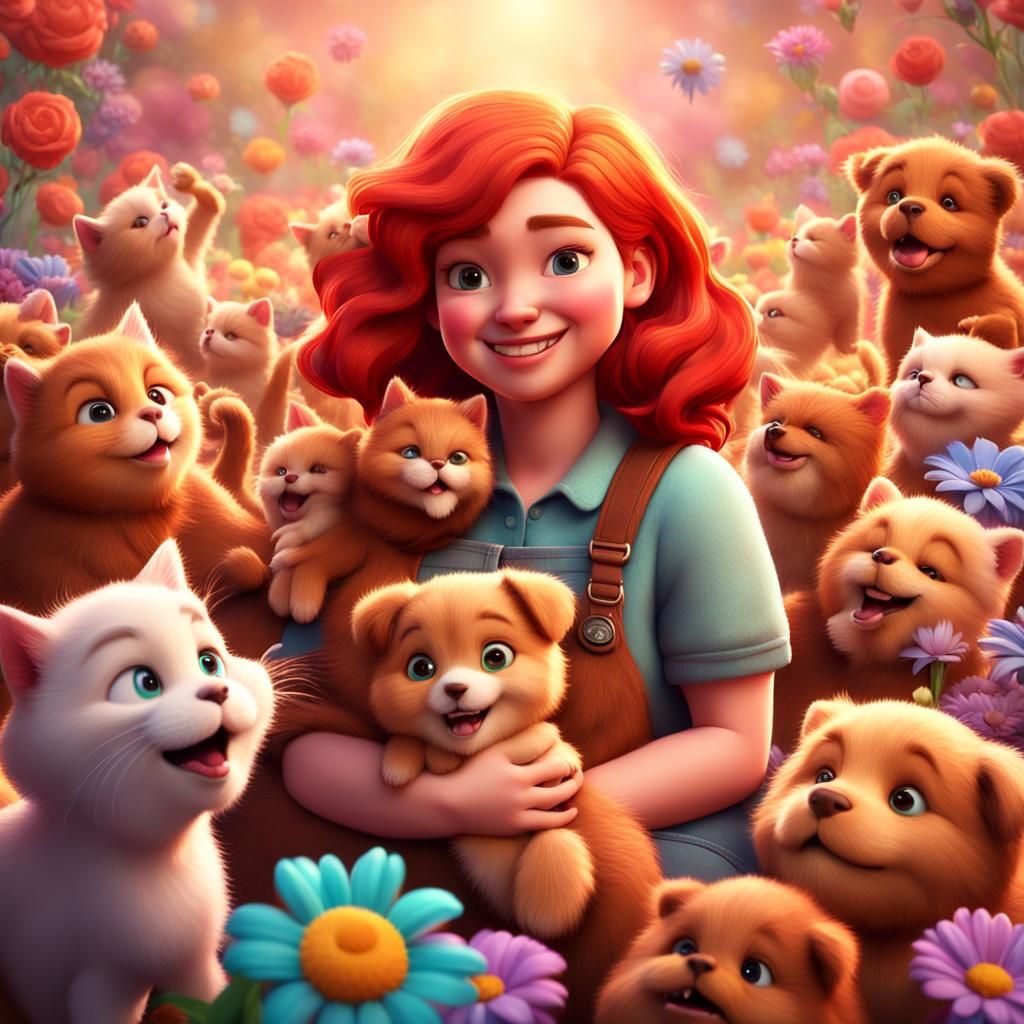 Happy Redhead Surrounded by Cute Animals: 3D Art