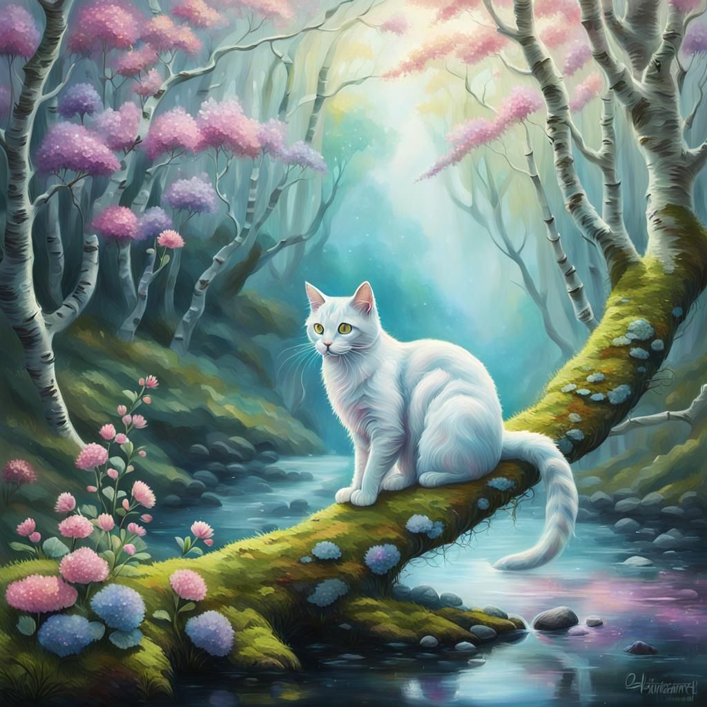 Glass Cat with Flowers in Surreal Landscape