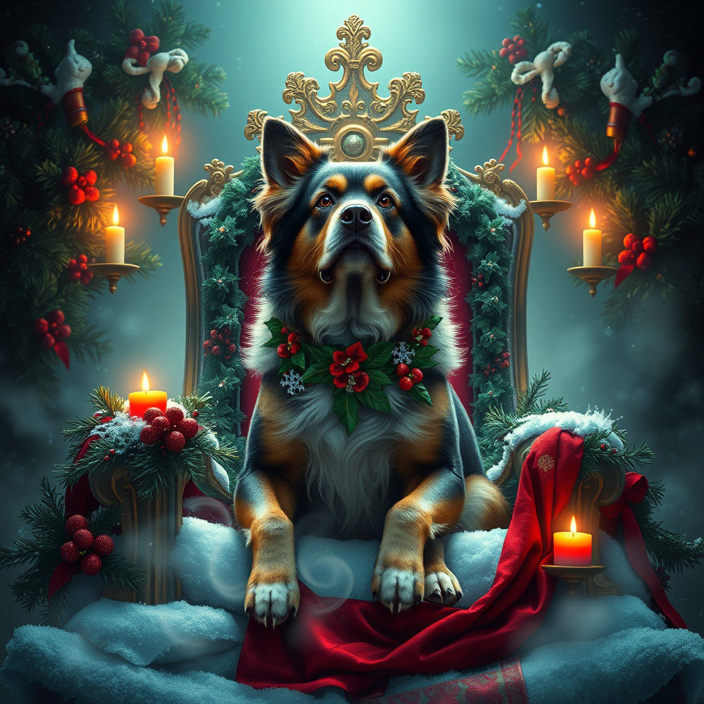 Majestic Christmas Dog on Throne in Fantasy Style