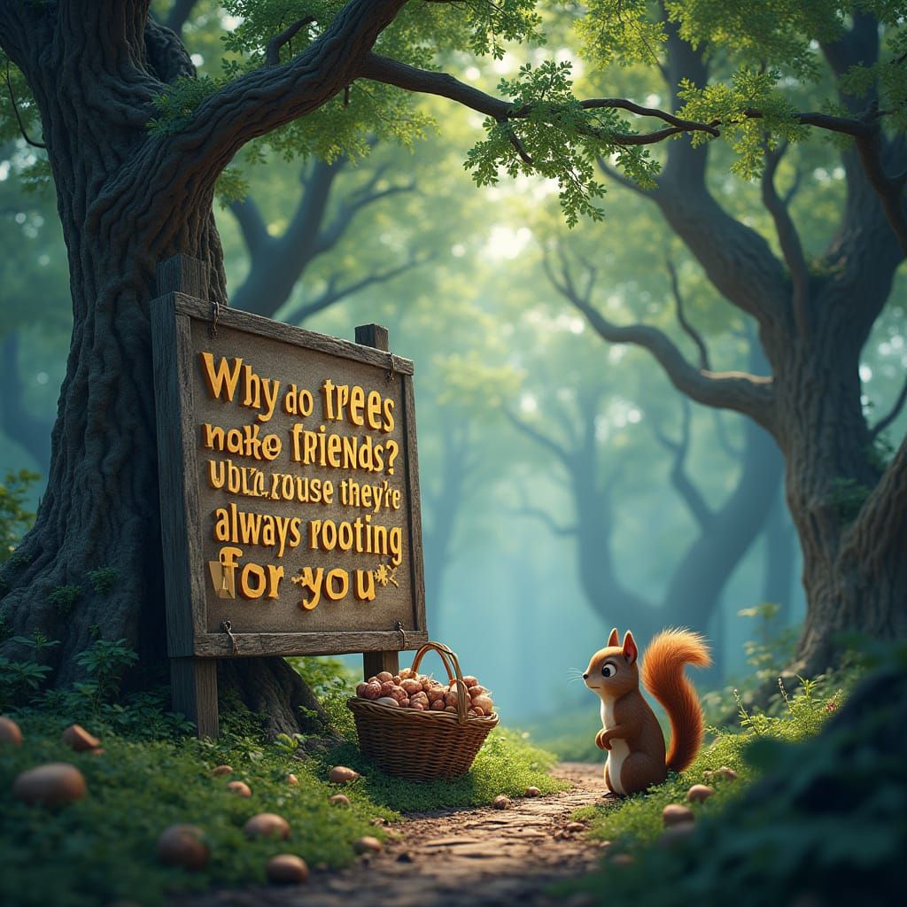 Whimsical Forest Scene with Trees and Squirrel