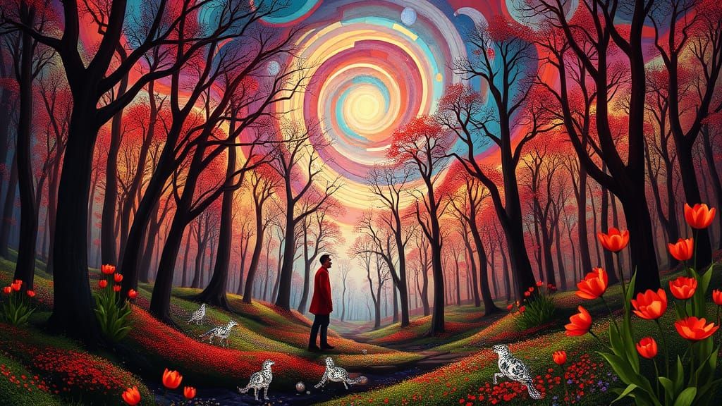 Man in Red with Tulips: Dreamlike Abstract Art