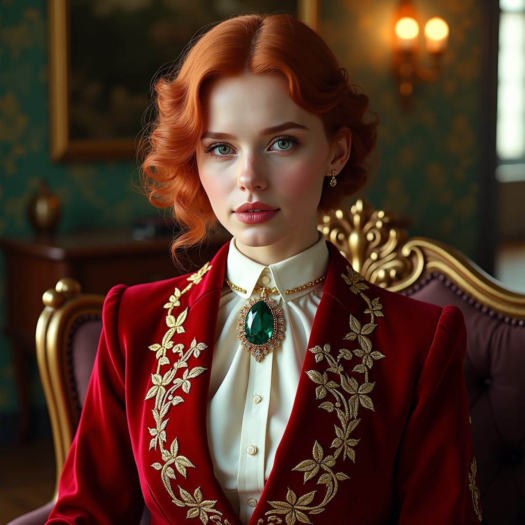 Ginger Girl in Crimson Velvet Coat, Art Nouveau Portrait