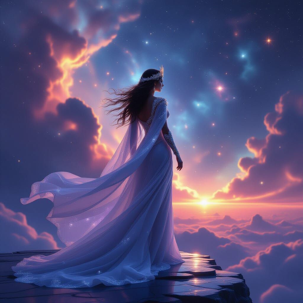 Cosmic Goddess on Crystalline Platform Amidst Nebula