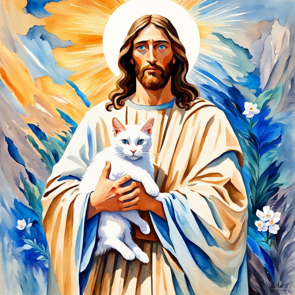 Jesus and Cat in Gouache Watercolor Style