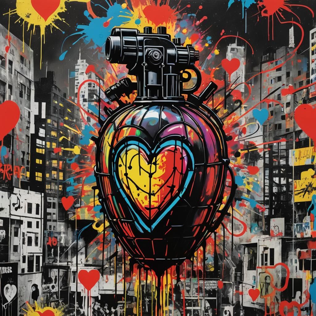 Neon Heart Grenade in Street Art Style