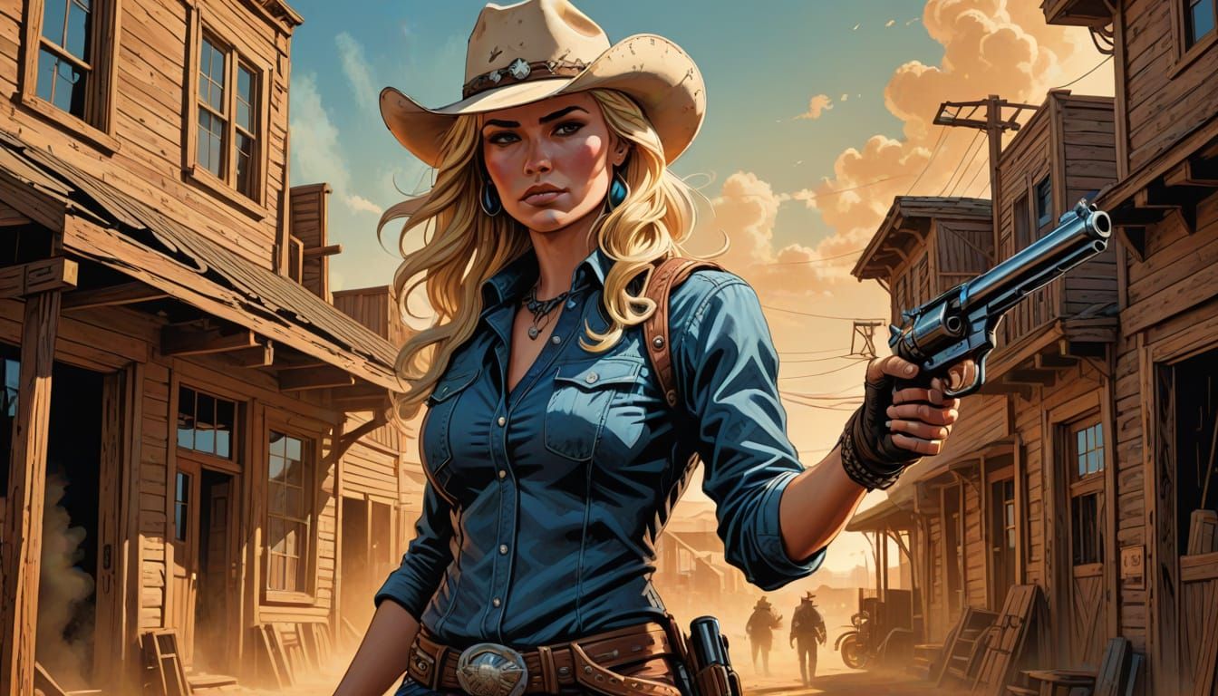 Blonde Cowgirl with Gun in Comic Book Style