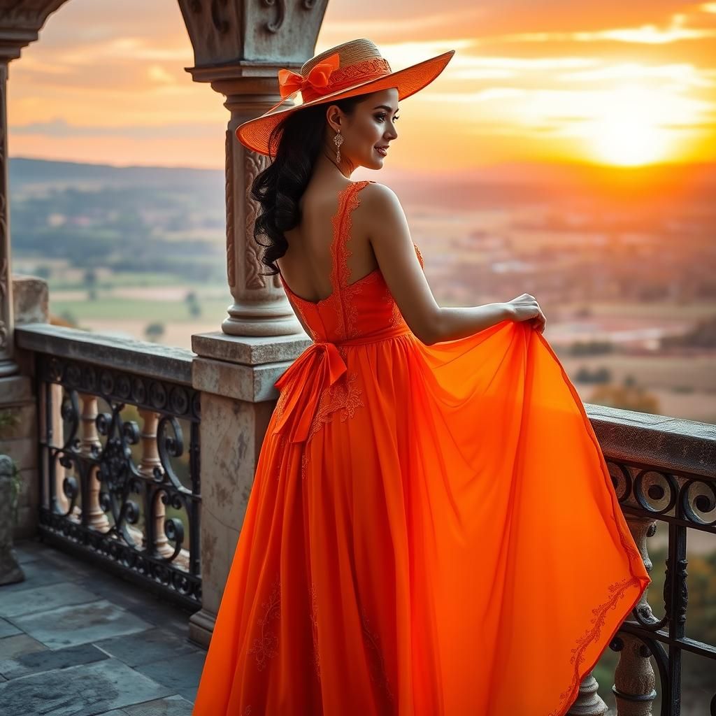Woman in Orange Gown on Balcony at Sunset