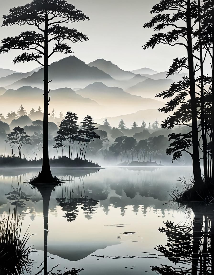 Foggy Lake Reflections: An Oil Painting