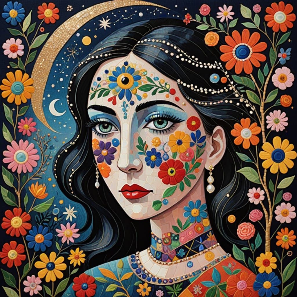 Whimsical Cubist Portrait with Embroidered Beads and Pearls